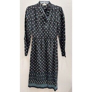 Vintage Lanvin Paris Dress Size Small Black All Over Print Designer Midi Unique